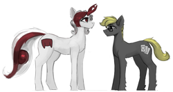 Size: 1434x767 | Tagged: safe, artist:nsilverdraws, oc, oc:razlad, pony, female, height difference, male, reference, size difference, white background