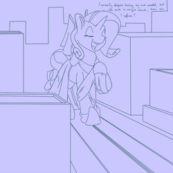 Size: 1000x1000 | Tagged: safe, artist:goat train, rarity, pony, unicorn, city, clothes, dialogue, dress, eyes closed, giant pony, lineart, macro, modeling, monochrome, open mouth, solo