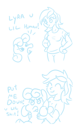 Size: 494x736 | Tagged: safe, artist:jargon scott, bon bon, lyra heartstrings, sweetie drops, human, pony, bon bon is not amused, comic, holding a pony, humanized, l.u.l.s., monochrome, vulgar