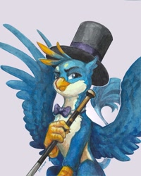 Size: 1280x1603 | Tagged: safe, artist:jewellier, gallus, griffon, bowtie, cane, classy, dapper, hat, male, simple background, smiling, solo, spread wings, top hat, traditional art, white background, wings