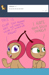 Size: 1241x1920 | Tagged: safe, artist:lockheart, oc, oc only, oc:cherry sweetheart, oc:stella cherry, ask, cherry, conjoined hat, dialogue, embarrassed, food, hat, looking at you, looking away, open mouth, scrunchy face, speech, text, tumblr