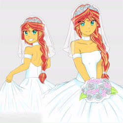 Size: 1791x1791 | Tagged: safe, artist:dragonemperror2810, sunset shimmer, equestria girls, alternate hairstyle, clothes, cute, dress, flower, grin, looking at you, looking back, looking back at you, looking over shoulder, marriage, shimmerbetes, smiling, solo, wedding, wedding dress