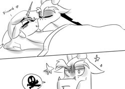 Size: 1400x1000 | Tagged: safe, artist:zouyugi, discord, princess celestia, alicorn, draconequus, pony, blushing, dislestia, duo, female, kiss on the cheek, kissing, male, monochrome, shipping, sleep talking, sleeping, straight