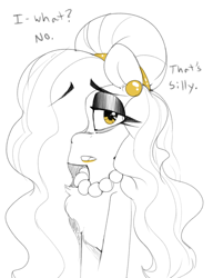 Size: 848x1103 | Tagged: safe, artist:whydomenhavenipples, oc, oc only, oc:beauty mark, earth pony, pony, ask, dialogue, ear piercing, earring, eyeshadow, hair over one eye, hairband, jewelry, lipstick, looking at you, makeup, monochrome, necklace, neo noir, open mouth, partial color, pearl necklace, piercing, solo, tumblr