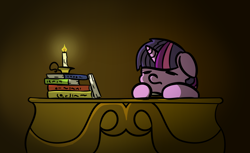 Size: 1800x1100 | Tagged: safe, artist:rockset, twilight sparkle, book, candle, cute, library, sleeping, twiabetes