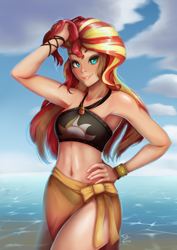Size: 848x1200 | Tagged: safe, artist:the-park, sunset shimmer, human, equestria girls, adorasexy, armpits, beach babe, beautiful, beautisexy, belly button, bikini, black bikini, black bikini bottom, black bikini top, black swimsuit, clothes, cloud, cute, cutie mark swimsuit, female, geode of empathy, human coloration, jeweled swimsuit, looking at you, magical geodes, midriff, ocean, sarong, see-through, see-through skirt, sexy, shimmerbetes, skirt, sky, smiling, smiling at you, solo, stupid sexy sunset shimmer, summer sunset, swimsuit, translucent, translucent clothes, water