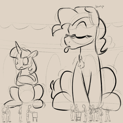 Size: 700x700 | Tagged: safe, artist:goat train, mayor mare, twilight sparkle, oc, oc:anon, human, pony, :p, crossed hooves, eyes closed, frown, giant pony, growth, macro, monochrome, sitting, size difference, sketch, tongue out, voting