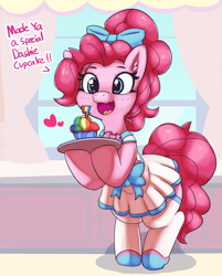 Size: 3510x4368 | Tagged: safe, artist:pabbley, pinkie pie, earth pony, pony, fanfic:cupcakes, apron, bipedal, bow, clothes, cupcake, cute, diapinkes, dress, ear fluff, food, grimcute, hair bow, happy, it's a trap, pleated skirt, rainbow cupcake, run away, shoes, skirt, smiling, solo, standing, stockings, thigh highs, this will end in death, this will end in tears, this will end in tears and/or death, tray, zettai ryouiki