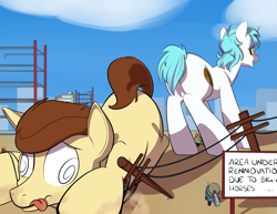 Size: 2073x1600 | Tagged: safe, artist:goat train, oc, oc only, oc:city sweep, oc:snap feather, pony, building, butt bump, butt smash, commission, construction site, dizzy, giant pony, giant unicorn, giant/macro earth pony, macro, power line, swirly eyes, tongue out, truck