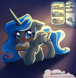 Size: 1000x1029 | Tagged: safe, artist:chaosangeldesu, princess luna, alicorn, pony, blushing, crime, criminal scum, cute, female, filly, food, lunabetes, mare, midnight, mouth hold, patreon, patreon logo, pure unfiltered evil, refrigerator, sandwich, stealing, thief, watermelon, woona, younger