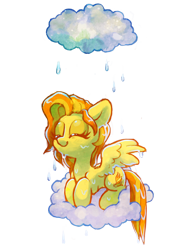 Size: 1280x1769 | Tagged: safe, artist:dawnfire, spitfire, pegasus, pony, cloud, cute, cutefire, cutie mark, eyes closed, female, hooves, lying down, lying on a cloud, mare, on a cloud, prone, rain, simple background, smiling, solo, spread wings, transparent background, wet, wings