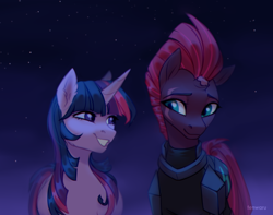 Size: 1606x1267 | Tagged: safe, artist:fenwaru, fizzlepop berrytwist, tempest shadow, twilight sparkle, twilight sparkle (alicorn), alicorn, pony, unicorn, my little pony: the movie, broken horn, cute, duo, eye scar, female, grin, horn, looking at each other, looking sideways, mare, night, night sky, scar, scene interpretation, smiling, smiling at each other, stars