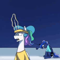 Size: 500x500 | Tagged: safe, artist:anticular, princess celestia, princess luna, alicorn, pony, :t, animated, ask sunshine and moonbeams, breathing, clothes, day, dumbbell (object), exercise, exhausted, female, floppy ears, focused, frown, gif, glare, glowing horn, headband, horn, leaning, magic, mare, missing accessory, night, open mouth, royal sisters, shirt, sitting, sun, sun work, sweat, sweatband, tired, weight lifting, weights, wide eyes