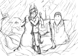 Size: 1232x890 | Tagged: safe, artist:replica, oc, oc only, oc:nolegs, anthro, unguligrade anthro, bayonet, bunker, clothes, coat, grayscale, gun, hat, lineart, monochrome, rifle, scarf, sketch, smiling, snow, snowpony, weapon, wing mittens