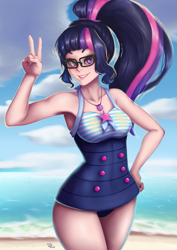 Size: 777x1100 | Tagged: safe, artist:the-park, sci-twi, twilight sparkle, equestria girls, adorasexy, armpits, attached skirt, beach, beach babe, blue swimsuit, clothes, cloud, cute, female, geode of telekinesis, glasses, human coloration, looking at you, magical geodes, ocean, one-piece swimsuit, peace sign, sexy, skirt, sky, smiling, solo, striped swimsuit, swimsuit, tricolor swimsuit, twiabetes