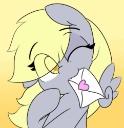 Size: 923x954 | Tagged: safe, artist:lockheart, derpy hooves, pegasus, pony, :3, animated, blinking, chibi, cute, derpabetes, featured image, female, floating wings, gif, gradient background, heart, letter, looking at you, love letter, mare, mouth hold, one eye closed, simple background, smiling, smiling at you, solo, wink, yellow background