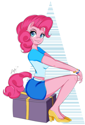 Size: 858x1254 | Tagged: safe, artist:shelltoon, pinkie pie, anthro, plantigrade anthro, bracelet, clothes, cute, diapinkes, high heels, jewelry, midriff, present, short shirt, sitting, solo