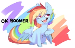 Size: 1786x1155 | Tagged: safe, artist:teranen, rainbow dash, pegasus, pony, my little pony: pony life, abstract background, boomer, chest fluff, ear fluff, female, mare, meme, ok boomer, open mouth, sketch, solo, unshorn fetlocks