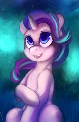 Size: 2650x4096 | Tagged: safe, artist:hobbes-maxwell, starlight glimmer, pony, unicorn, aurora borealis, chest fluff, cute, female, glimmerbetes, high res, mare, night, open mouth, shoulder fluff, sky, solo, stars