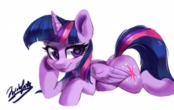 Size: 1900x1200 | Tagged: safe, artist:colorfulcolor233, twilight sparkle, twilight sparkle (alicorn), alicorn, pony, ear fluff, eyebrows visible through hair, female, heart eyes, leg fluff, prone, simple background, solo, white background, wingding eyes