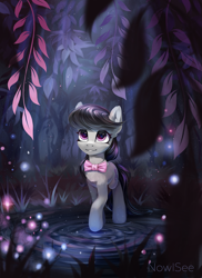 Size: 1455x2000 | Tagged: safe, artist:inowiseei, octavia melody, earth pony, pony, bowtie, commission, digital art, ear fluff, female, forest, leaf, looking up, mare, outdoors, plant, raised hoof, relaxing, smiling, solo, water