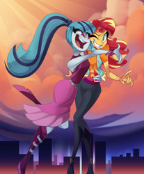 Size: 2654x3200 | Tagged: safe, artist:light262, sonata dusk, sunset shimmer, human, equestria girls, city, clothes, cute, female, grin, happy, high res, hug, lesbian, one eye closed, open mouth, shimmerbetes, shipping, smiling, sonatabetes, sunata