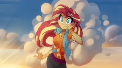 Size: 4096x2304 | Tagged: safe, artist:light262, sunset shimmer, equestria girls, breasts, cleavage, clothes, cloud, cute, cutie mark clothes, geode of empathy, high res, looking at you, magical geodes, no pupils, shimmerbetes, shirt, sky, solo, sunset, t-shirt, vest