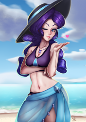 Size: 706x1000 | Tagged: safe, artist:the-park, rarity, human, equestria girls, adorasexy, beach, beach babe, belly button, blowing a kiss, clothes, cloud, cute, cutie mark swimsuit, female, floating heart, geode of shielding, hat, heart, human coloration, looking at you, magical geodes, midriff, ocean, one eye closed, purple swimsuit, raribetes, sarong, see-through, sexy, sky, smiling, solo, stupid sexy rarity, sun hat, swimsuit, wink