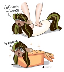 Size: 1143x1280 | Tagged: safe, artist:whisperfoot, oc, oc only, oc:helemaranth, bread pony, food pony, human, pegasus, pony, adorable distress, bad end, baguette, big no, bread, cute, disembodied arm, disembodied hand, dough, female, floppy ears, food, food transformation, frown, funny, gift art, hand, inanimate tf, kneading, lidded eyes, literal, mare, meme, not salmon, open mouth, ponified meme, ponyloaf, pun, sad, sadorable, silly, simple background, solo focus, sparkles, teary eyes, transformation, wat, wavy mouth, white background