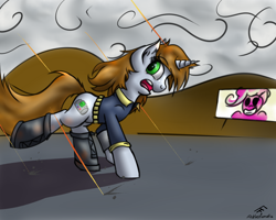 Size: 1280x1024 | Tagged: safe, artist:frecklesfanatic, pinkie pie, oc, oc:littlepip, pony, unicorn, fallout equestria, billboard, boots, fanfic, fanfic art, female, horn, looking back, mare, ministry mares, ministry of morale, pipbuck, running, scared, shooting, vault suit