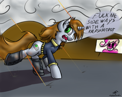 Size: 1280x1024 | Tagged: safe, artist:frecklesfanatic, pinkie pie, oc, oc:littlepip, earth pony, pony, unicorn, fallout equestria, billboard, boots, comic, fanfic, fanfic art, female, forever, hooves, horn, looking at you, looking back, mare, ministry mares, ministry of morale, open mouth, pinkie pie is watching you, pipbuck, propaganda, running, scared, shooting, smiling, solo, swearing, teeth, vault suit, vulgar, wasteland