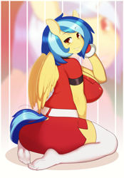 Size: 3160x4550 | Tagged: safe, artist:3mangos, oc, oc only, oc:silvia, anthro, pegasus, plantigrade anthro, anthro oc, big breasts, breasts, clothes, dress, feet, female, huge breasts, looking back, missing shoes, sideboob, solo, stockings, thigh highs