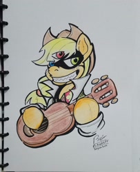 Size: 2363x2903 | Tagged: safe, artist:boyoxhot, applejack, earth pony, pony, crossover, dr. alto clef, dr. clef, female, grin, mare, scp, scp foundation, smiling, solo, three eyes, traditional art, ukulele