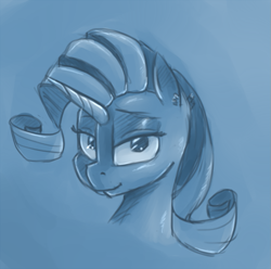 Size: 731x726 | Tagged: safe, artist:post-it, rarity, pony, unicorn, colored sketch, head, monochrome, smiling, solo