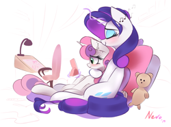 Size: 2956x2203 | Tagged: safe, artist:nevobaster, rarity, sweetie belle, pony, unicorn, abstract background, belle sisters, chair, cute, daaaaaaaaaaaw, diasweetes, eyes closed, female, filly, foal, hug, hug from behind, lamp, levitation, magic, mare, misleading thumbnail, music notes, picture frame, plushie, sharing headphones, siblings, sisters, sitting, smiling, teddy bear, telekinesis, wholesome