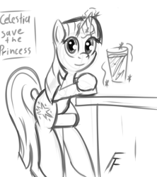 Size: 800x900 | Tagged: safe, artist:frecklesfanatic, twilight sparkle, alcohol, bar, barstool, beer, counter, god save the queen, looking at you, pint, solo