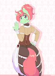 Size: 863x1200 | Tagged: safe, artist:3mangos, oc, oc only, oc:spring, anthro, unicorn, clothes, corset, looking at you, looking back, solo, steampunk