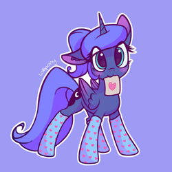 Size: 750x750 | Tagged: safe, alternate version, artist:lollipony, princess luna, alicorn, pony, blue background, blushing, clothes, cute, daaaaaaaaaaaw, eye clipping through hair, female, floppy ears, heart, looking at you, lunabetes, mare, mouth hold, note, paper, ponytail, s1 luna, simple background, smiling, socks, solo, sweet dreams fuel, too cute, weapons-grade cute, white outline