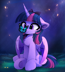 Size: 1300x1439 | Tagged: safe, artist:magnaluna, twilight sparkle, twilight sparkle (alicorn), alicorn, butterfly, pony, bow, butterfly on nose, c:, chest fluff, crepuscular rays, cross-eyed, cute, daaaaaaaaaaaw, dark, ear fluff, eye reflection, female, floppy ears, fluffy, grass, hair bow, hnnng, insect on nose, leg fluff, looking at something, magnaluna is trying to murder us, mare, nature, night, petals, reflection, sitting, smiling, solo, spread wings, twiabetes, underhoof, wing fluff, wings