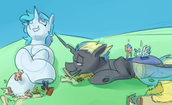 Size: 900x550 | Tagged: safe, artist:goat train, oc, oc only, oc:king regal, oc:snap feather, changeling, pony, blue changeling, changeling oc, commission, destruction, giant changeling, giant pony, giant unicorn, macro, massage, sketch