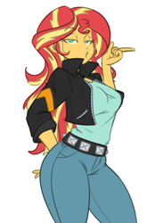 Size: 696x952 | Tagged: safe, artist:reiduran, color edit, colorist:lanceomikron, edit, sunset shimmer, equestria girls, bedroom eyes, belt, big breasts, breasts, choker, clothes, colored, duckface, female, hand behind back, hand on hip, hips, jacket, jeans, looking at you, pants, pose, sexy, simple background, solo, stupid sexy sunset shimmer, sunset jiggler, white background, wide hips