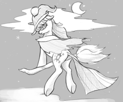 Size: 1000x830 | Tagged: safe, artist:graboiidz, twilight sparkle, broom, cape, clothes, cloud, flying, flying broomstick, grayscale, looking at you, looking back, monochrome, moon, night, night sky, smiling, solo, stars, underhoof