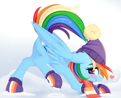 Size: 1446x1175 | Tagged: safe, artist:omi, rainbow dash, pegasus, pony, best gift ever, beanie, blushing, boots, clothes, cute, dashabetes, face down ass up, female, hat, heart, iwtcird, looking at you, mare, meme, open mouth, open smile, profile, raised tail, scarf, shoes, side view, smiling, smiling at you, snow, solo, tail, winter, winter outfit