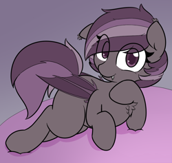 Size: 822x778 | Tagged: safe, artist:lockheart, oc, oc only, oc:iris, bat pony, pony, chest fluff, cute, gradient background, looking at you, prone, smiling, solo