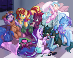 Size: 1600x1266 | Tagged: safe, artist:dstears, cozy glow, princess luna, queen chrysalis, starlight glimmer, sunset shimmer, tempest shadow, trixie, twilight sparkle, twilight sparkle (alicorn), alicorn, changeling, changeling queen, pegasus, pony, unicorn, a better ending for chrysalis, a better ending for cozy, angry, broken horn, brushing, clothes, costume, cozybetes, cute, cutealis, diatrixes, digital art, drink, evil grin, eye scar, eyes closed, female, filly, foal, food, footed sleeper, glimmerbetes, go-karting with bowser, grin, horn, imminent pillow fight, kigurumi, levitation, lipstick, lunabetes, lying down, madorable, magic, makeover, makeup, mare, mouth hold, pajamas, pajamas party, party, paw socks, phone, pillow, pillow fight, pizza, queen chrysalis is not amused, scar, shimmerbetes, sitting, slumber party, smiling, socks, striped socks, telekinesis, tempestbetes, thigh highs, twiabetes, unamused