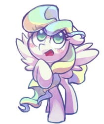 Size: 714x846 | Tagged: safe, artist:dawnfire, vapor trail, pegasus, pony, top bolt, blush sticker, blushing, colored pupils, cute, female, long mane, looking up, mare, open mouth, raised hoof, simple background, solo, spread wings, transparent background