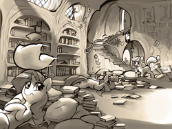 Size: 4000x3000 | Tagged: safe, artist:dimfann, applejack, rarity, twilight sparkle, unicorn twilight, earth pony, pony, unicorn, series:pony re-watch, look before you sleep, book, digital art, female, golden oaks library, lasso, mare, monochrome, mouth hold, pillow, pillow fight, prone, rope, scene interpretation