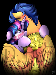 Size: 1024x1365 | Tagged: safe, artist:dragonfoxgirl, flash sentry, twilight sparkle, twilight sparkle (alicorn), alicorn, pegasus, pony, armor, black background, crying, feels, female, flashlight, floppy ears, guard armor, hug, male, mare, shipping, signature, simple background, stallion, straight, watermark