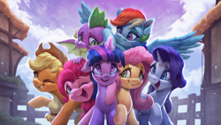 Size: 3200x1800 | Tagged: safe, artist:vanillaghosties, applejack, fluttershy, pinkie pie, rainbow dash, rarity, spike, twilight sparkle, twilight sparkle (alicorn), alicorn, dragon, earth pony, pegasus, pony, unicorn, end of ponies, female, glowing horn, horn, hug, magic, magic aura, male, mane seven, mane six, mare, one eye closed, smiling, snow, snowfall, winged spike, wink