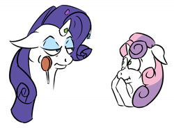 Size: 1500x1101 | Tagged: safe, artist:paleheart-arts, rarity, sweetie belle, pony, unicorn, candy, floppy ears, food, laughing, lollipop, rarity is not amused, simple background, sisters, snickering, unamused, wavy mouth